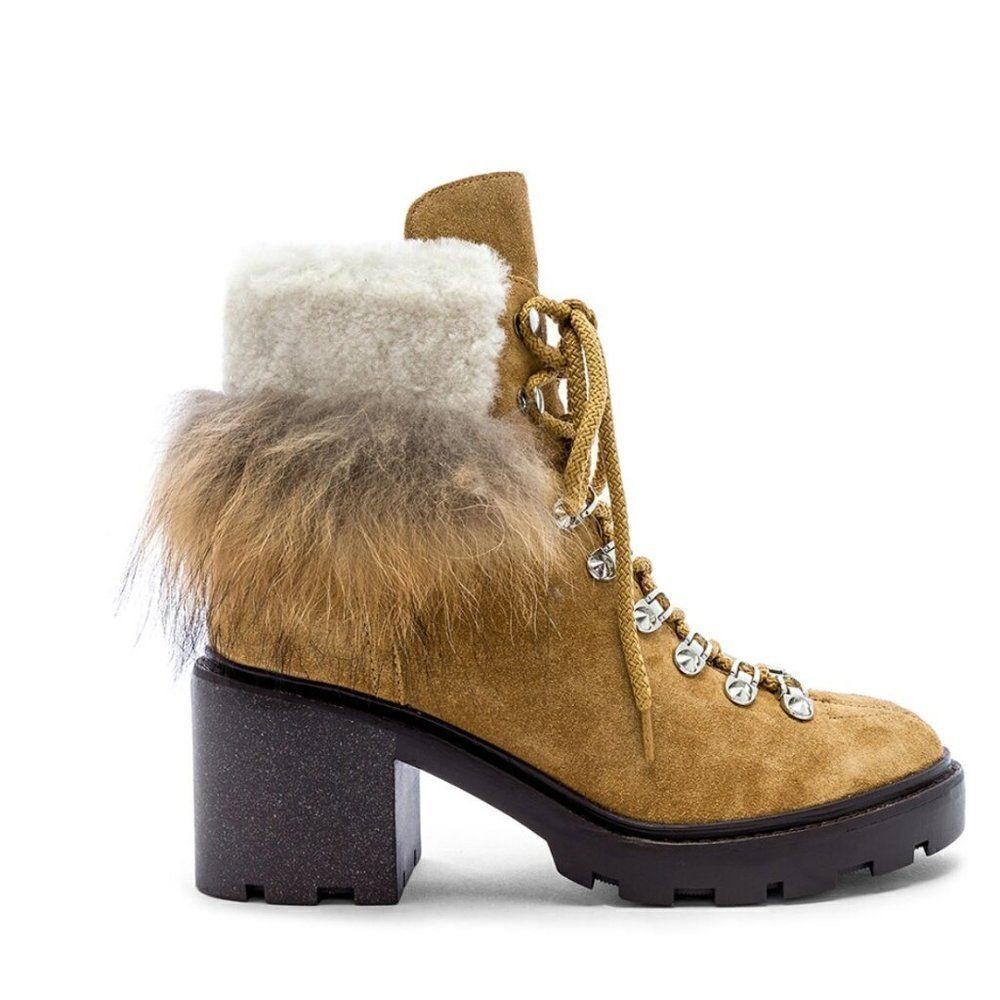 Sigerson Morrison Naia Suede Fur Trim Lace-Up Lug Sole Ankle Boots Tan Chunky 41